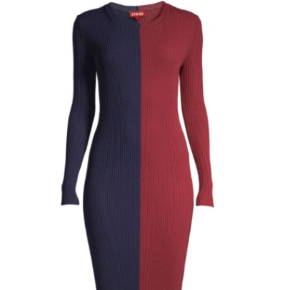 STAUD Two-Tone Navy and Burgundy Ribbed Midi Dress